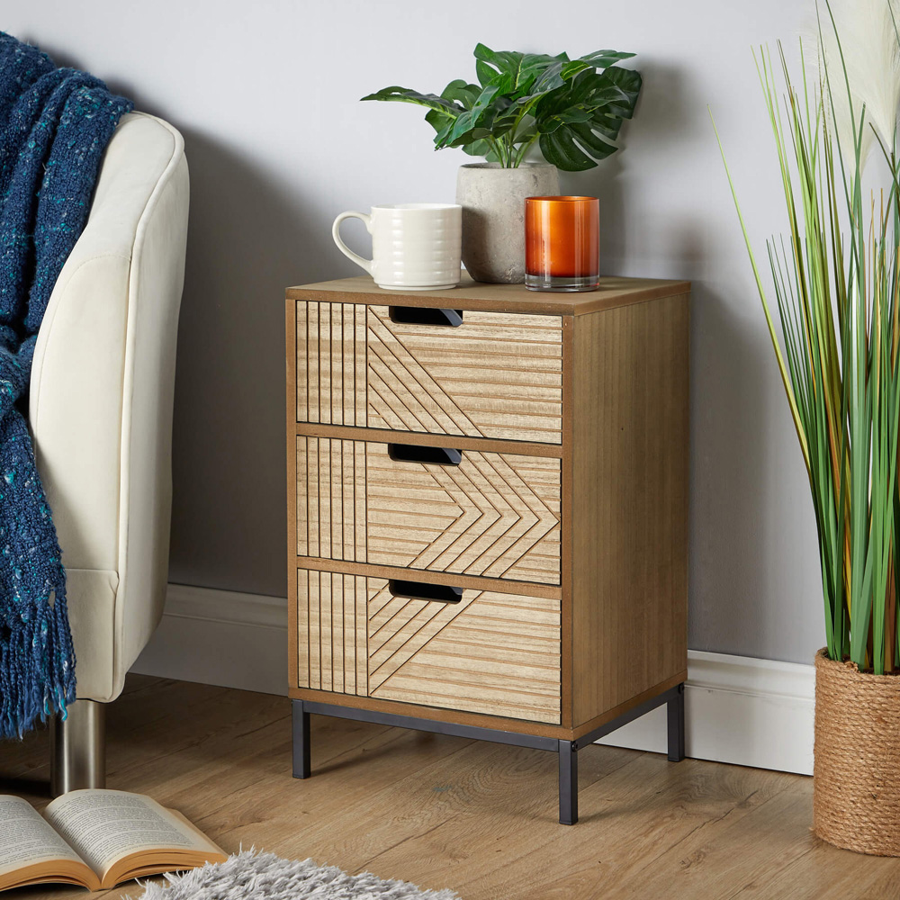 Home Source Mundesley 3 Drawer Geometric Wooden Bedside Table Image 6