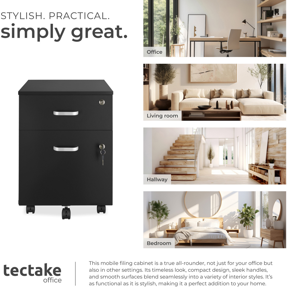 tectake 2 Drawer Black Filing Cabinet with Wheels Image 7