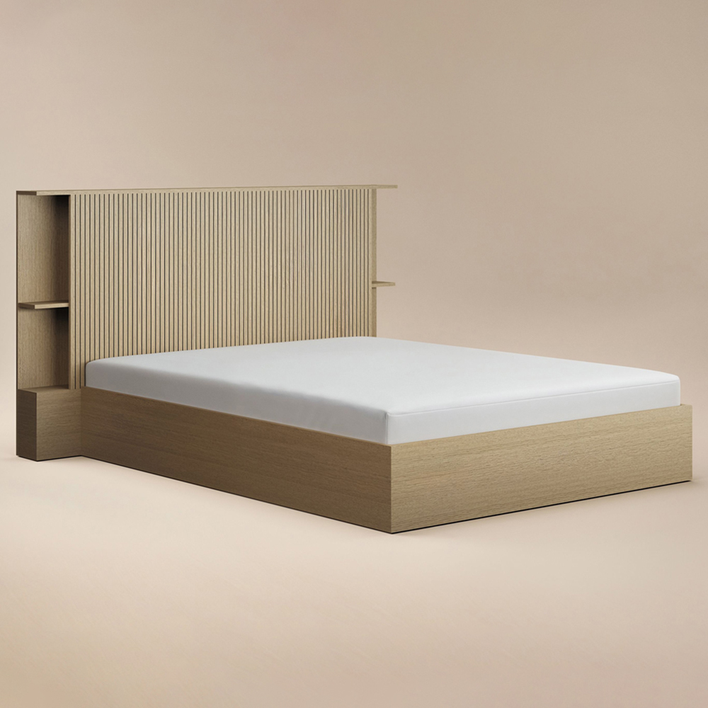 SOLACE+CO Zora King Size Oak Lift-Up Ottoman Bed with Headboard Shelf Image 2