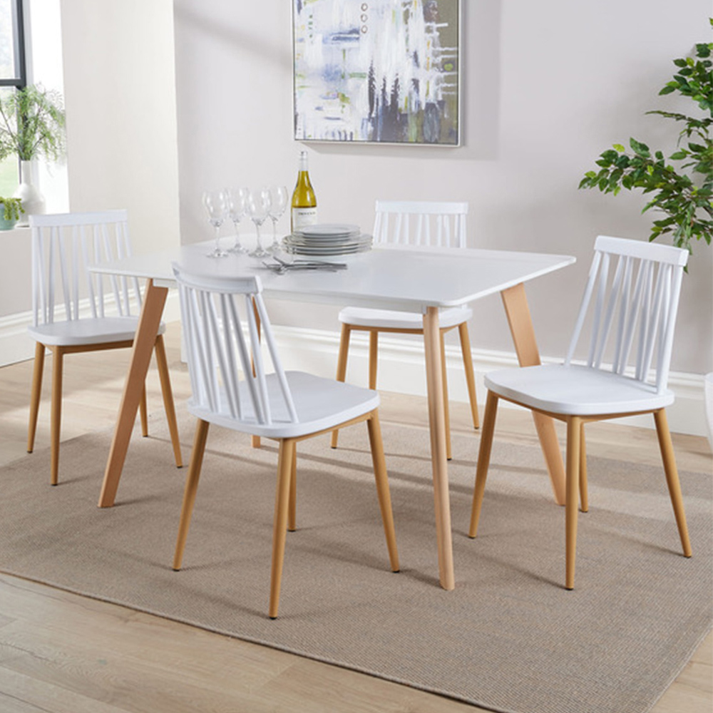 Home Source 4 Seater Wooden Slatted Back Dining Set White Image 1