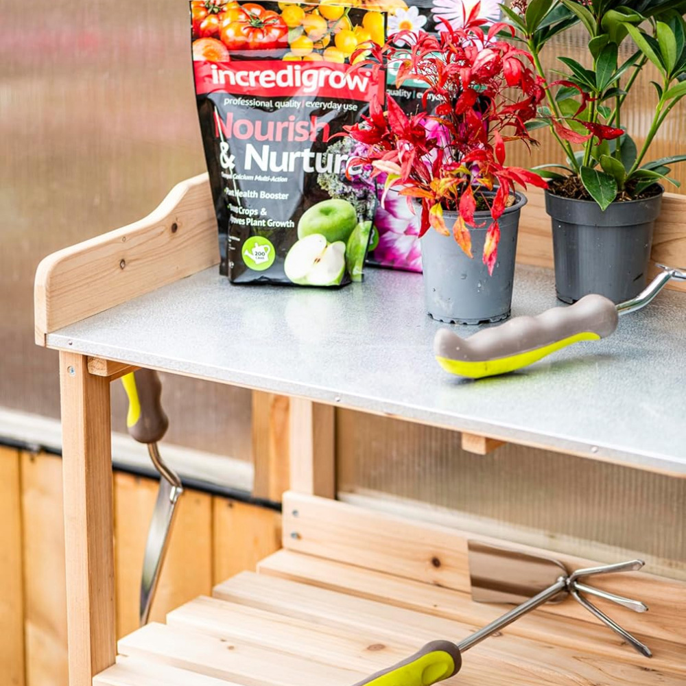 Garden Gear Natural Wooden Potting Bench Table with Galvanised Table Top and Hooks Image 7