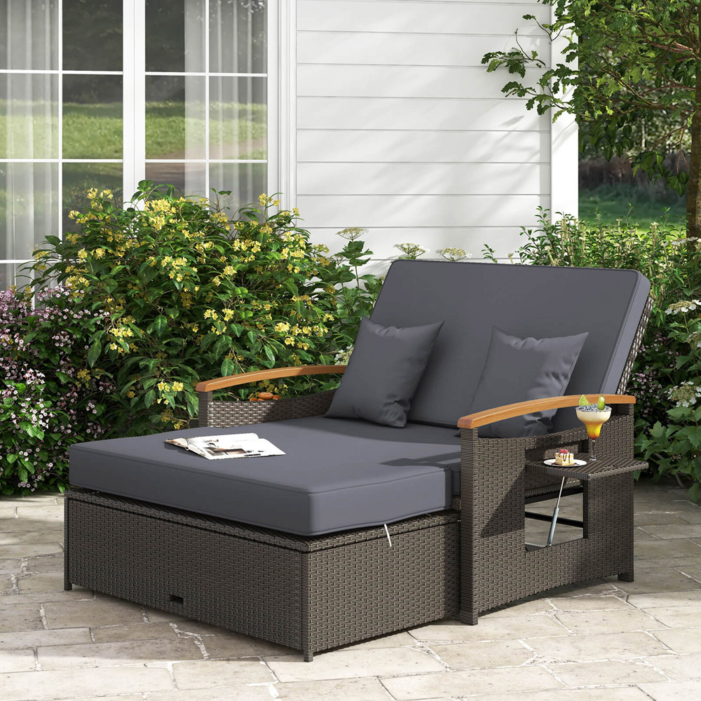 Costway 2 Seater Grey Rattan Woven Daybed with Storage Ottoman Image 4