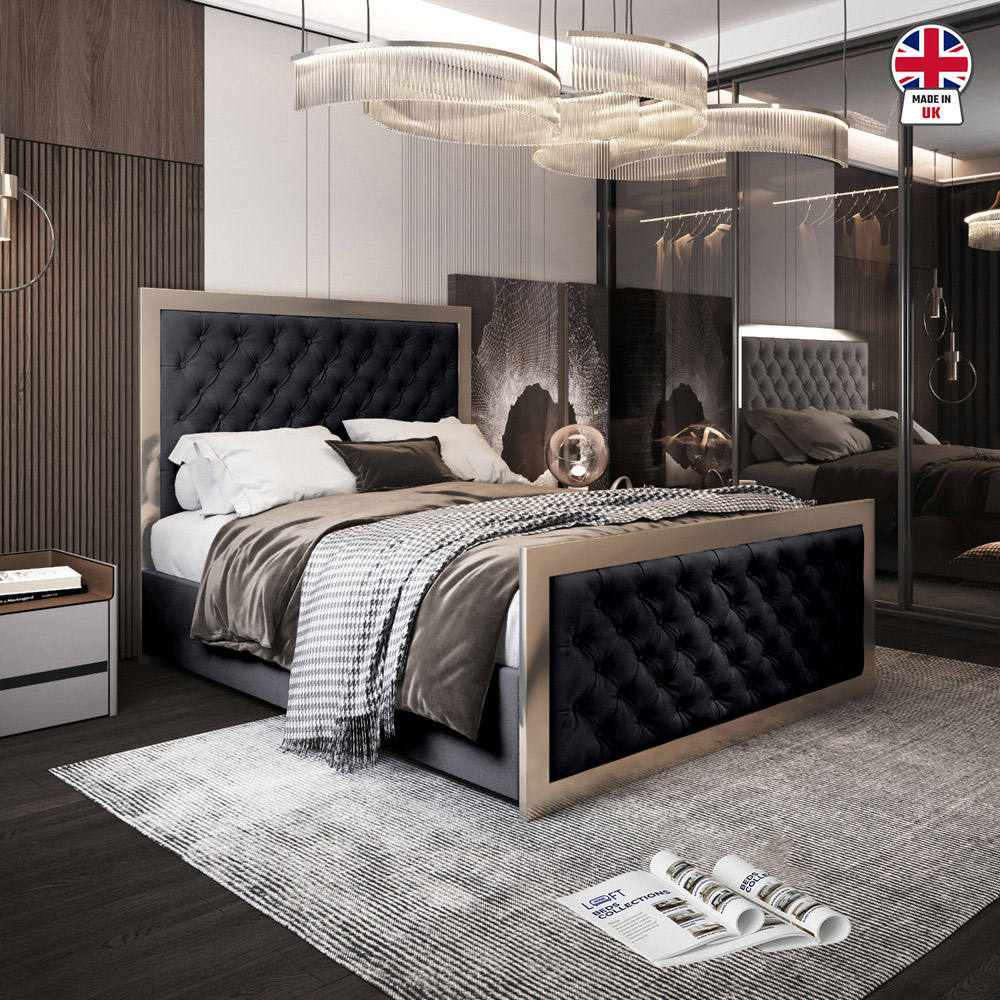 Maddison Black Small Double Velvet Upholstered Metal Bed Frame with Padded Headboard Image 6