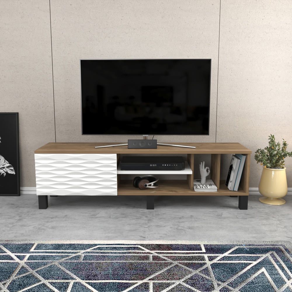 Decorotika Olyo Single Door 4 Shelf Walnut and White TV Unit Image 6
