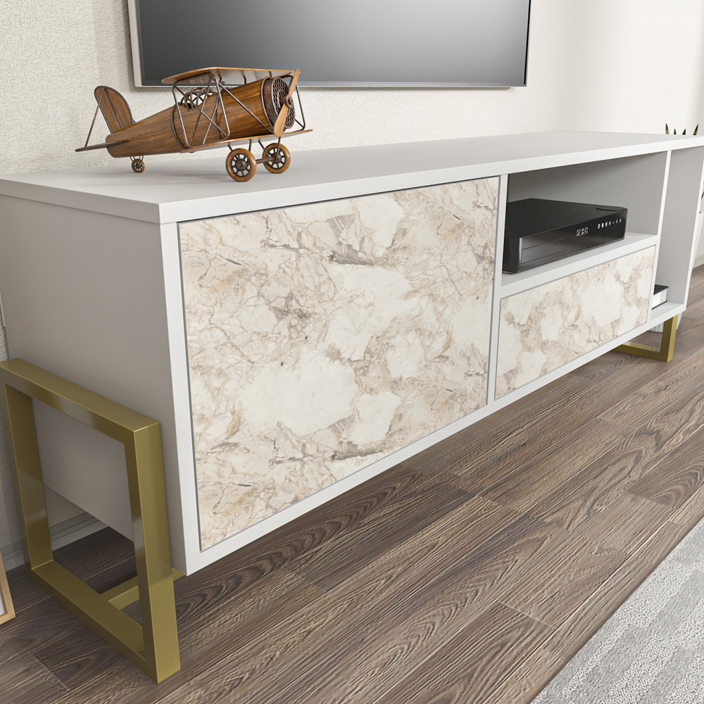 Decorotika Utopie Single Drawer Single Door 2 Shelf White and White Marble Effect TV Unit Image 4