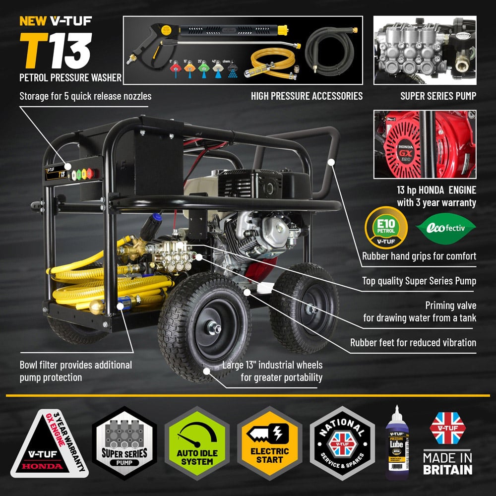 V-TUF T13 13HP Honda Driven Petrol Pressure Washer with Gearbox 250Bar Image 4