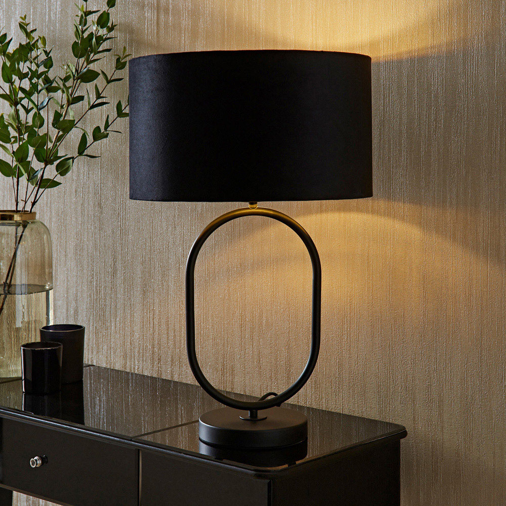 ValueLights Antonia Black Velvet and Gold Drum Shade Matte Black Oval LED Table Lamp Image 2