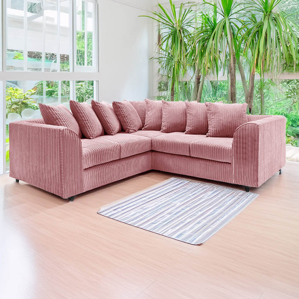 Luxor 5 Seater Pink Jumbo Cord Scatter Back L Shaped Corner Sofa Set Image 1