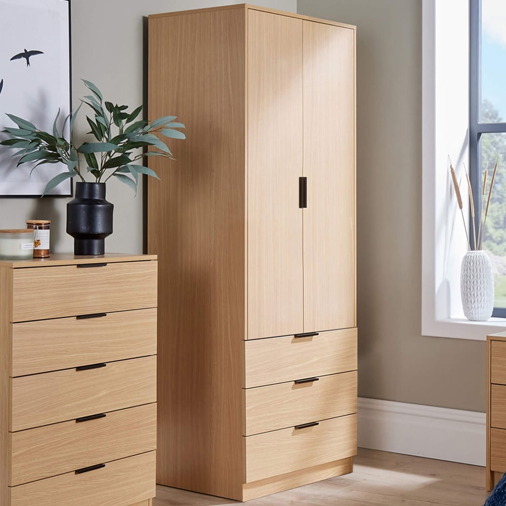 Home Source Phoenix 2 Door 3 Drawer Oak Effect Wardrobe Image 1