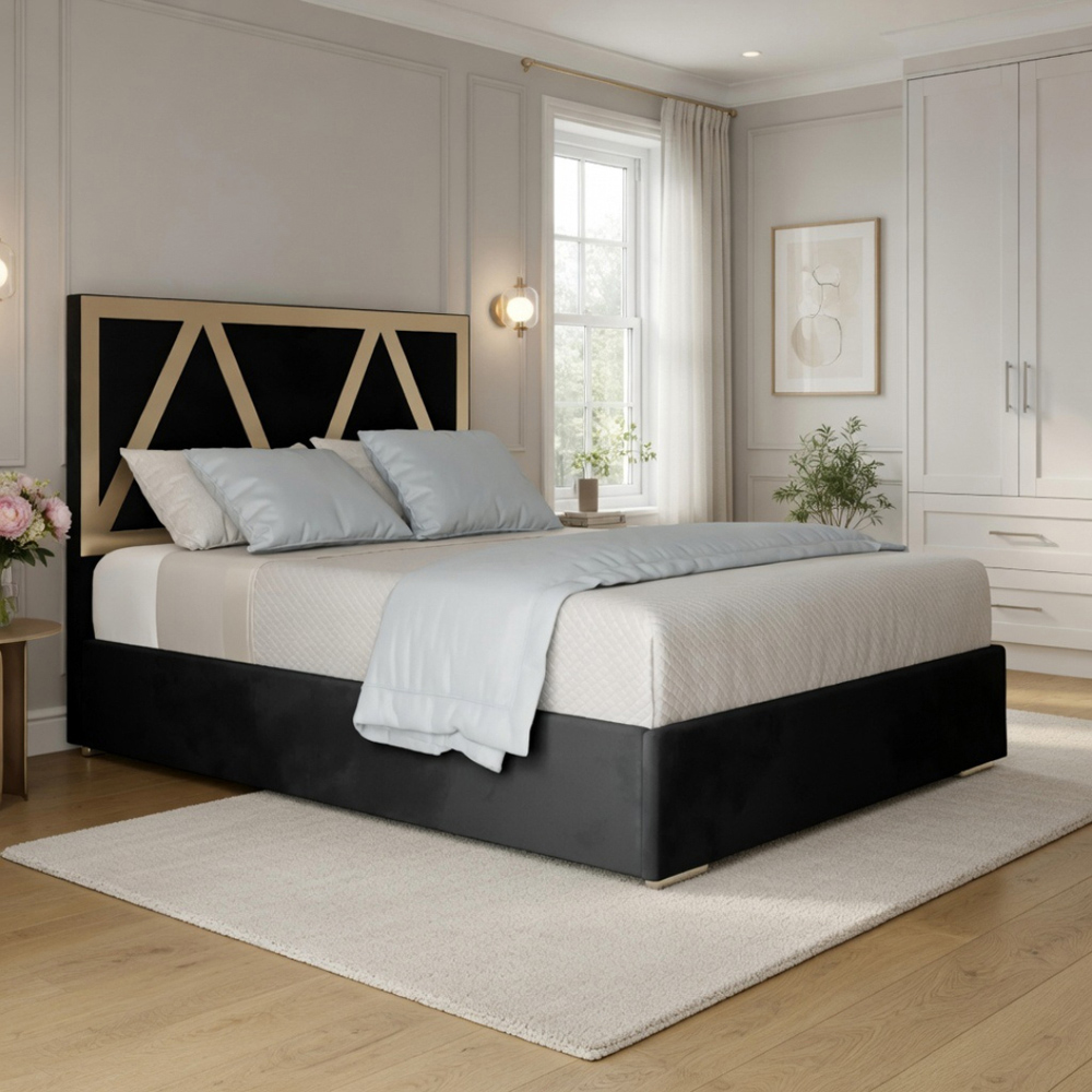 Alison Black Single Velvet Upholstered Metal Bed Frame with Panelled Headboard Image 5