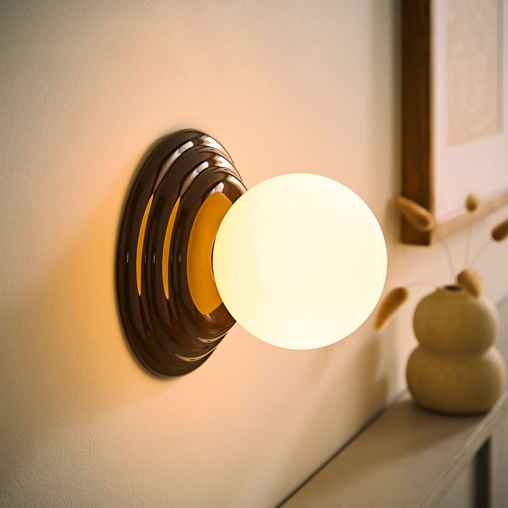 ValueLights Rue Frosted Glass Shade Chocolate Ribbed Ceramic Base Flush Wall Light with Bulb 2 Pack Image 2