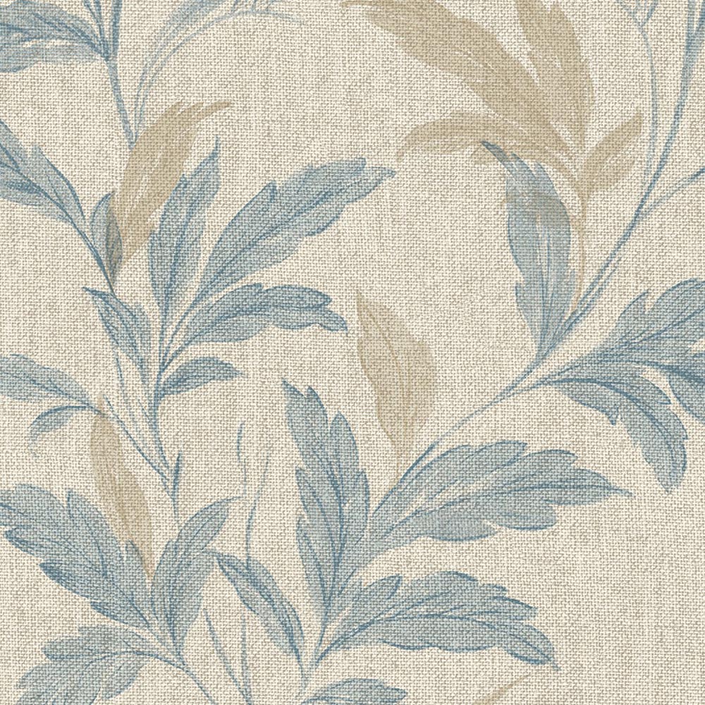 Grandeco Organic Leaf Trail Linen Textured Neutral and Blue Wallpaper Image 3