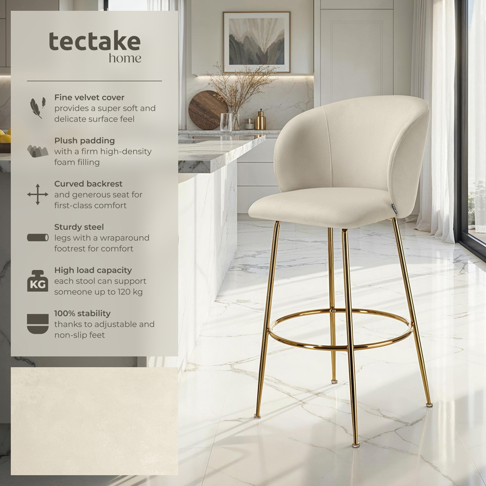 tectake Luana Cream and Gold Velvet Look Padded Bar Stool Set of 6 Image 7