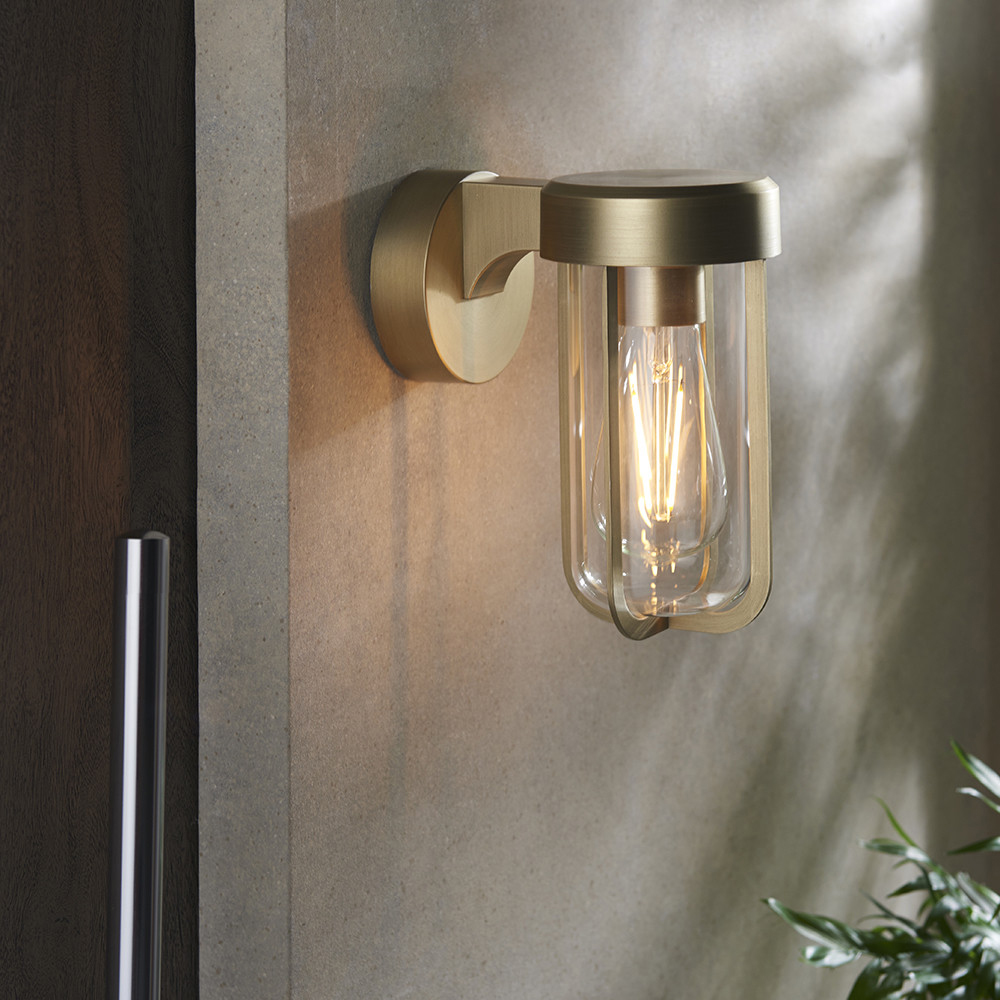 Merano Benevento Clear Glass Shade Brushed Gold Outdoor Wall Lamp Image 2