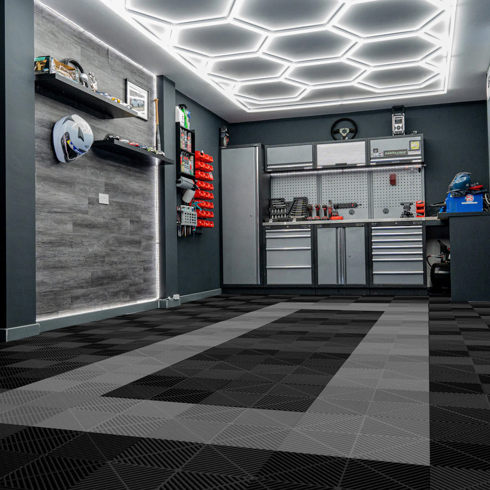MonsterShop 90 Black and 30 Grey Vented Garage Floor Tiles with Edges and 14 Hexagon LED Light Image 2