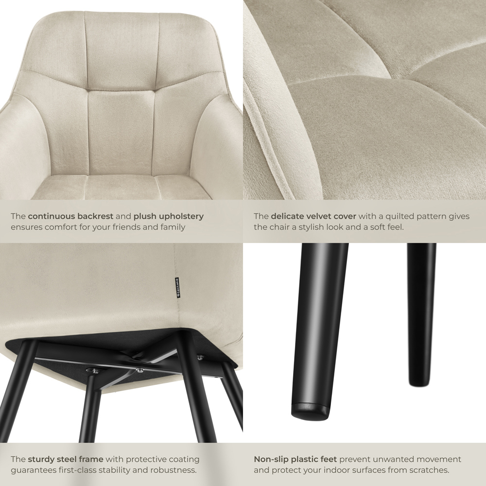 tectake Marilyn Set of 6 Cream and Black Velvet Quilted Dining Chair with Armrest Image 5