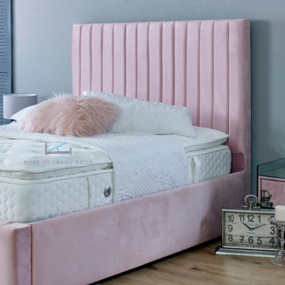 DS Living Savoy Double Pink Panel Line Soft Velvet Bed Frame Image 2