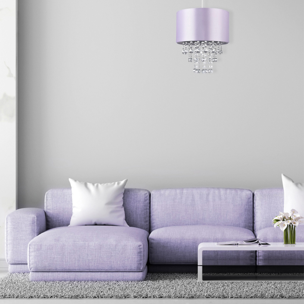 Happy Homewares Lilac Satin Fabric Transparent Acrylic Droplets Pendant Shade Image 2