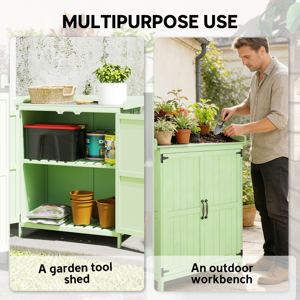 Outsunny 2.8 x 2.4ft 2 Shelf Light Green Wooden Garden Storage Shed with Hinged Roof Image 8
