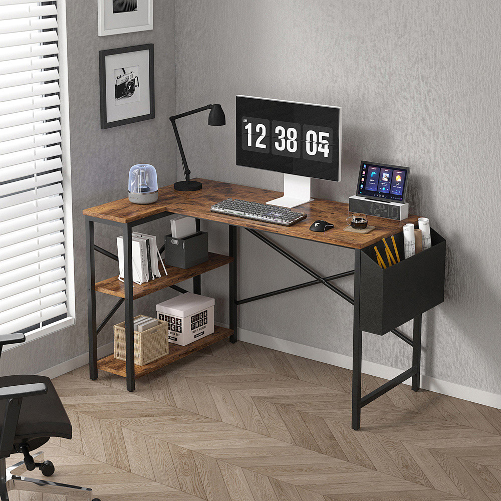 Lotus 2 Adjustable Shelve L Shaped Corner Computer Desk Brown Image 2