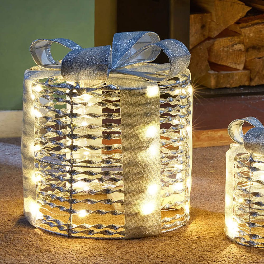 Marco Paul Silver Glitter LED Gift Box Christmas Decoration 3 Pack Image 2