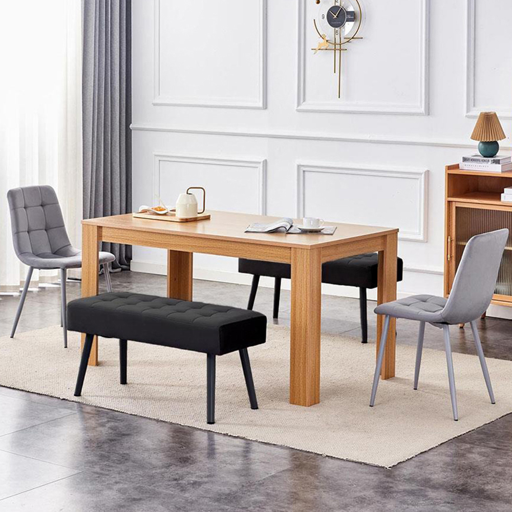 Portland 4 Seater Velvet Wooden Dining Set with Bench Oak Effect Grey and Black Image 1