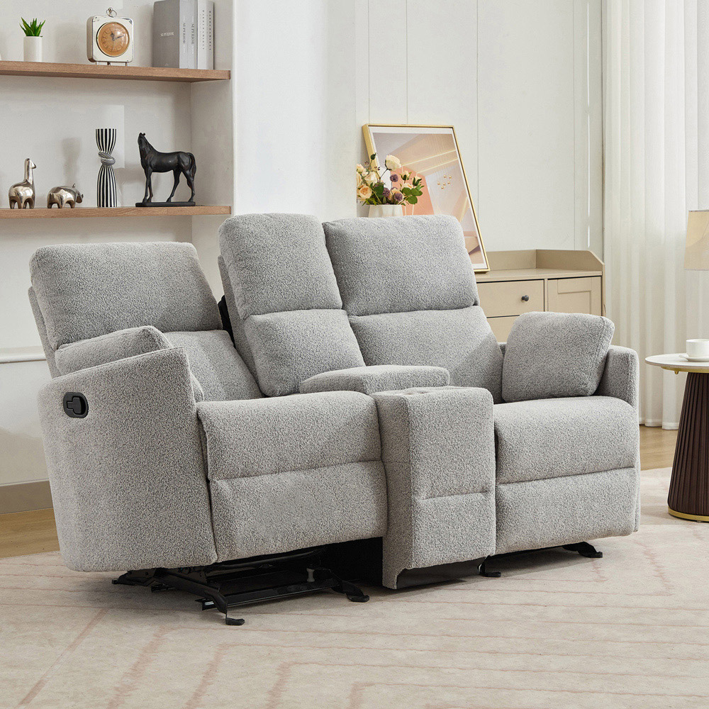 Artemis Home Powell 2 Seater Light Grey Boucle Rocker Manual Recliner Sofa with Centre Console Image 8