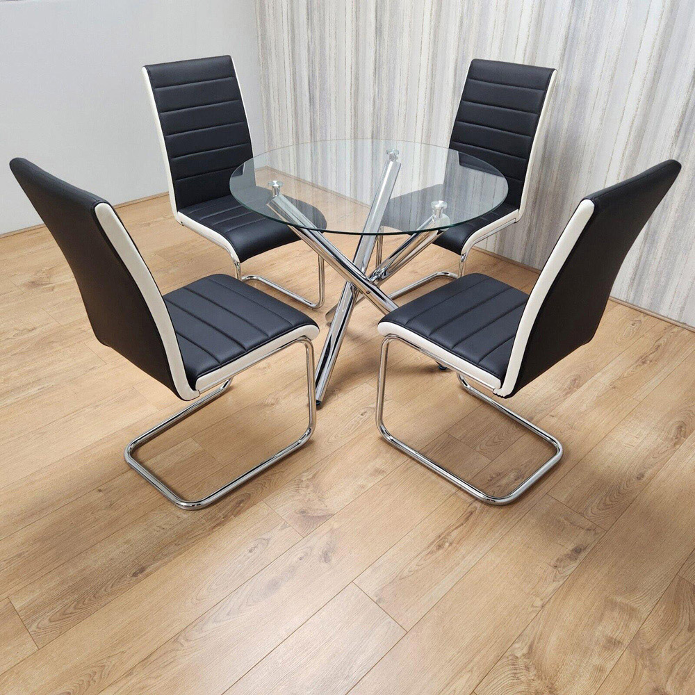 Portland 4 Seater Leather Clear Glass Round Dining Set Black and White Image 5
