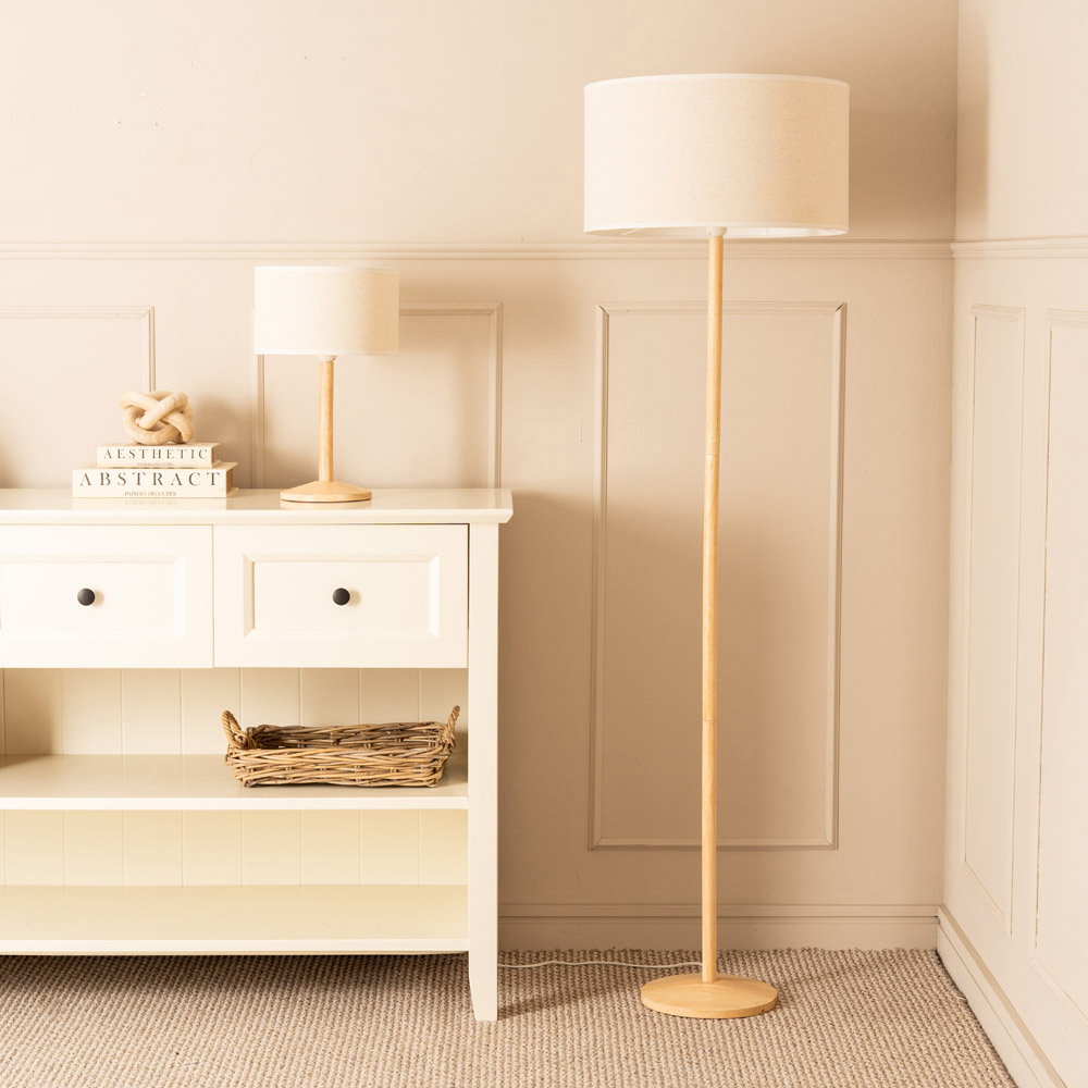 ValueLights Triston Linen White Edge Drum Shade Natural Light Wood Stem LED Table Lamp Image 4