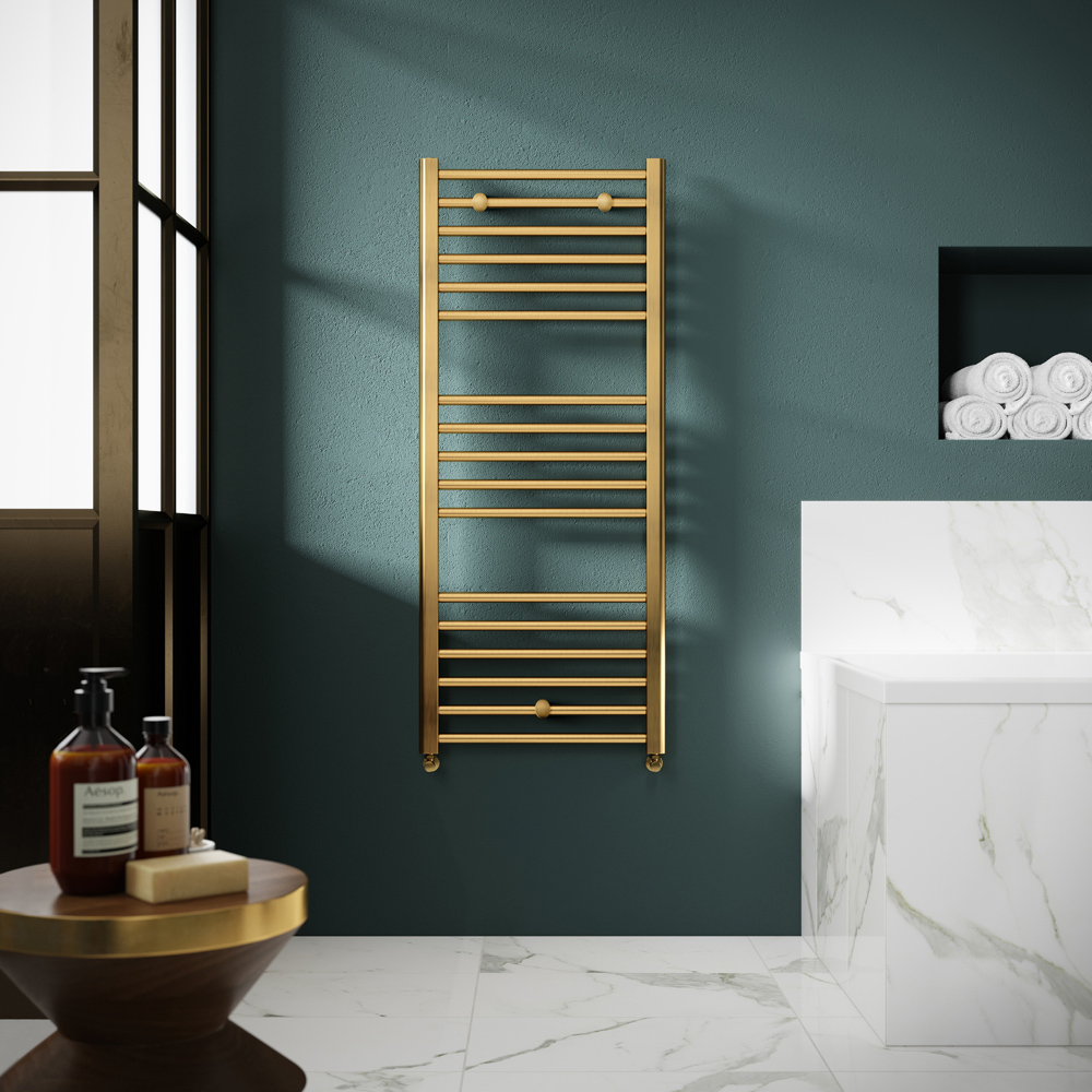 nuie Lorica Brushed Brass Straight Towel Radiator with Round Rails 1200 x 500mm Image 2