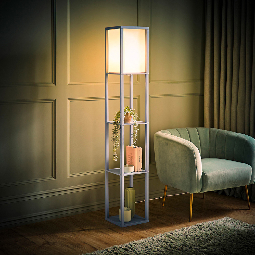 ValueLights Struttura Fabric Shade Blue Shelving Unit Floor Lamp with Bulb Image 2