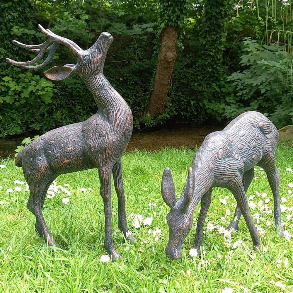 Inspirational Gifting 2 Piece Stag and Doe Deer Cast Aluminium Garden Ornament Set Small Image 2