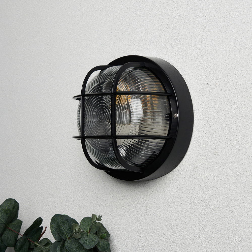 Coast Muna Black Round Caged Bulkhead Wall Light Image 2