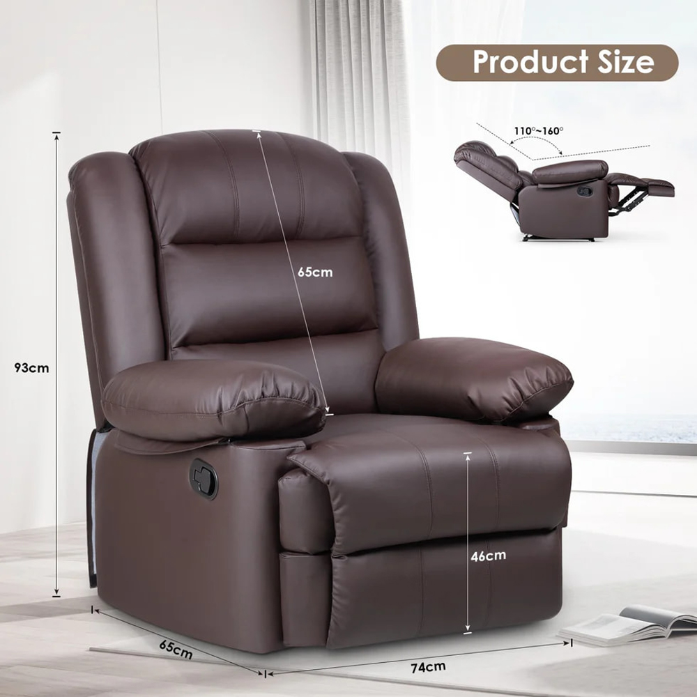 Rattrix Brown PU Leather Manual Reclining Chair with Padded Backrest and Retractable Footrest Image 8