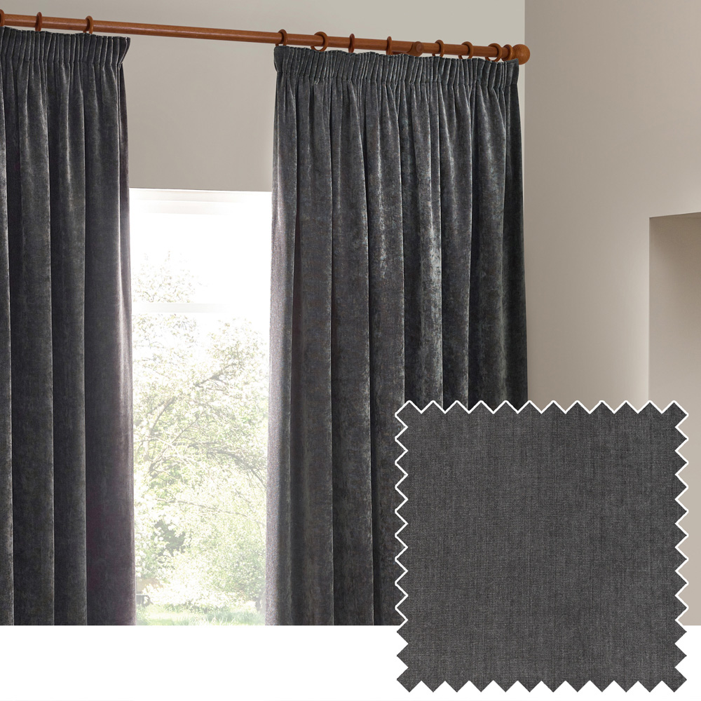 Yard Heavy Charcoal Chenille Velvet Pencil Pleat Curtains 117 x 137cm Image 4