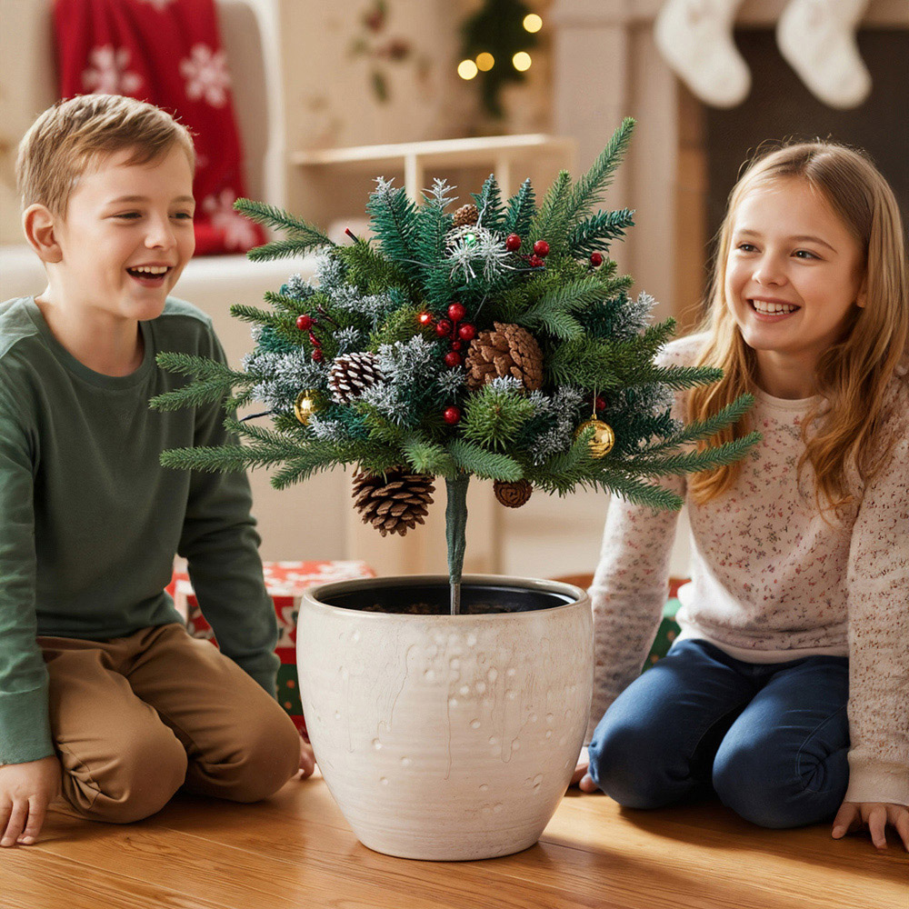Living and Home Pre-Lit Christmas Planter Bush with Pinecones and Red Berries 58cm Image 7