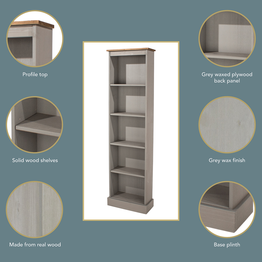 Corona 5 Shelf Grey Washed Wax Finish Tall Narrow Bookcase Image 5