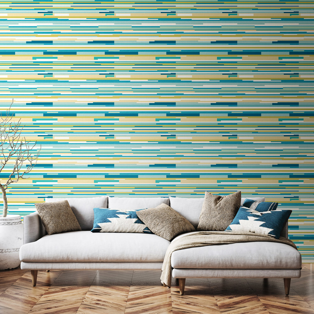 Hoopla Walls Horizontal Stripe Teal Blue Non Woven Wallpaper Image 2