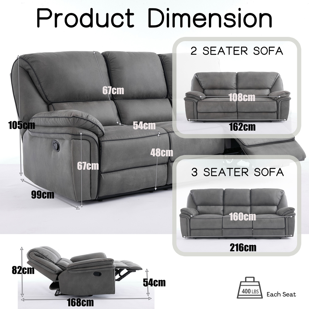 Langham 6 Seater Light Grey Leathaire Manual Recliner Sofa Set Image 6
