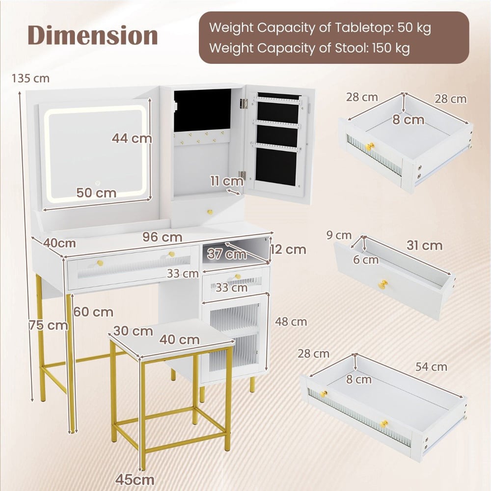 Costway 2 Drawer White Dressing Table and Chair Set with LED Mirror Image 9