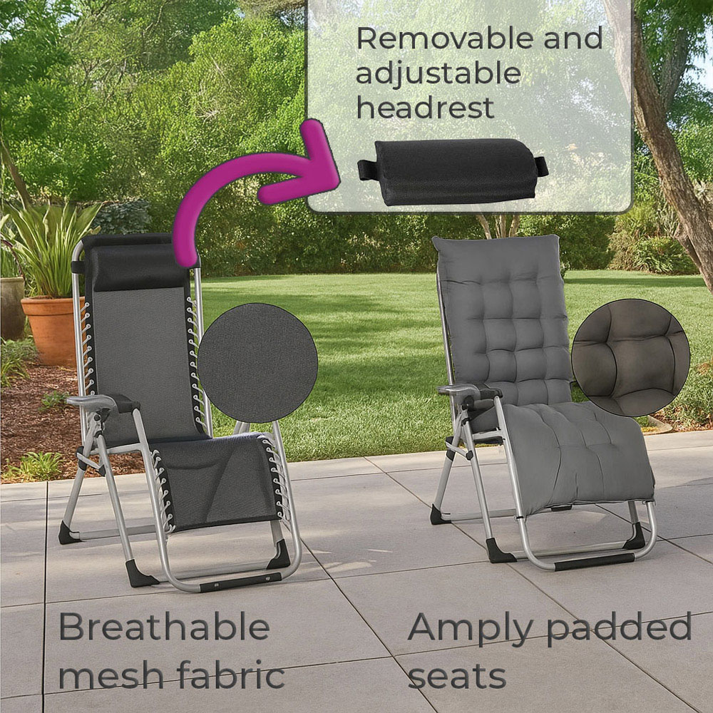Neo Zero Gravity Dark Grey Reclining Sun Lounger with Padded Cushions Set of 2 Image 5