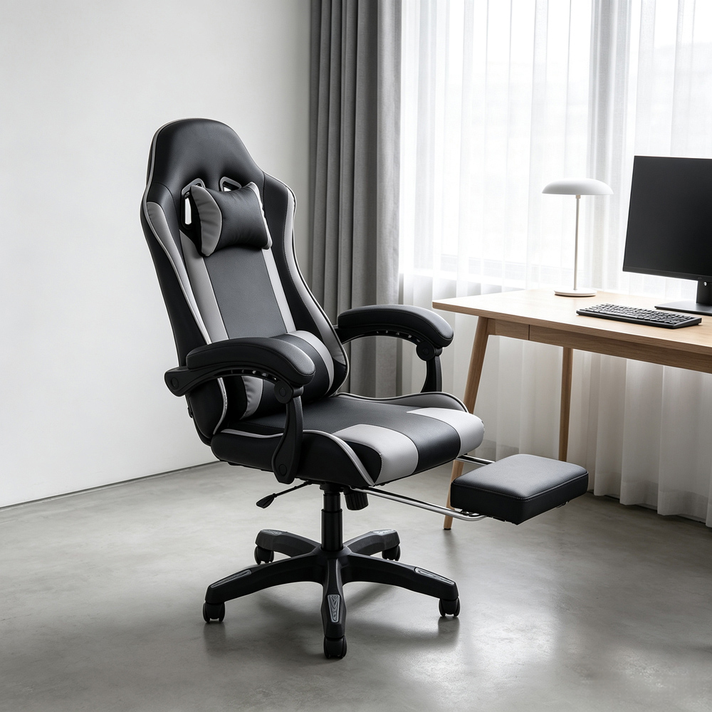 Living and Home Grey and Black Gaming Chair with Footrest Image 8
