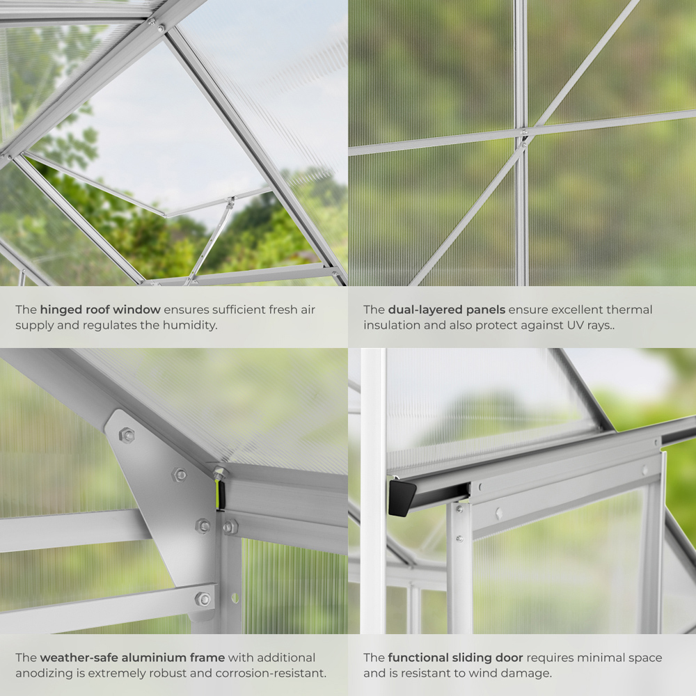 tectake Aluminium Frame Skylight 6.2 x 4ft Greenhouse with Lean-To and Sliding Door Image 4