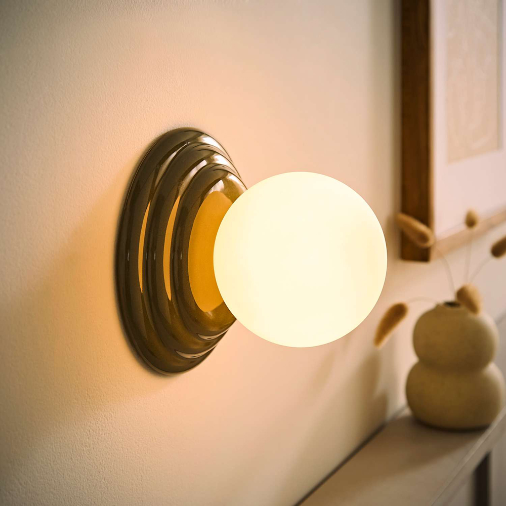 ValueLights Rue Frosted Glass Shade Olive Ribbed Ceramic Base Flush Wall Light with Bulb 2 Pack Image 2