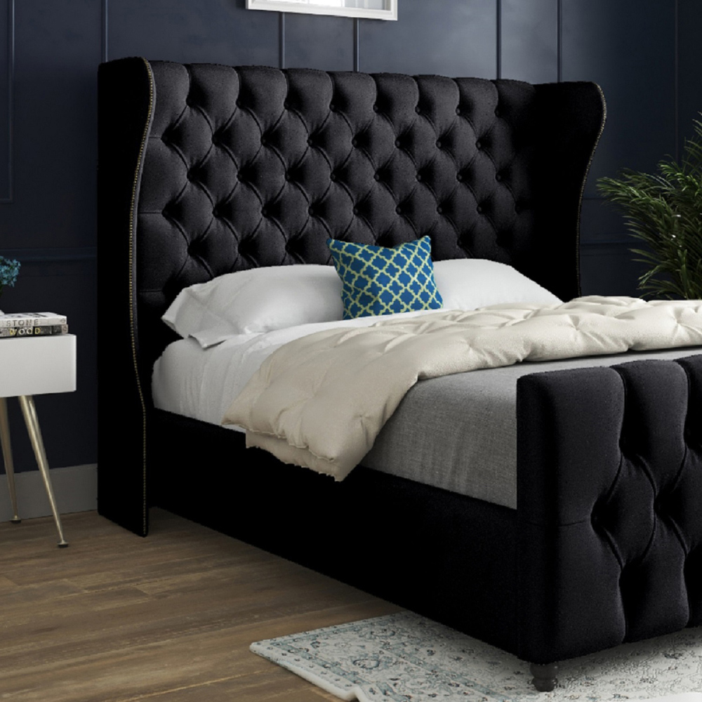 Donati Black King Size Velvet Upholstered Bed Frame with Straight Curved Top Headboard Image 3