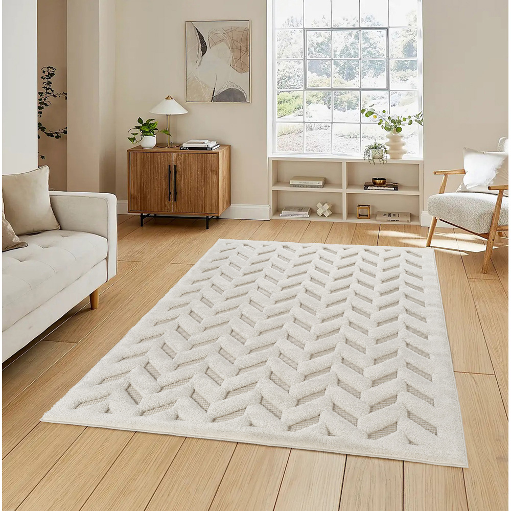 Freya Living Room Area Rug Contemporary 3D Embossed Modern Herringbone Design - Cream 200cm x 290cm Image 2