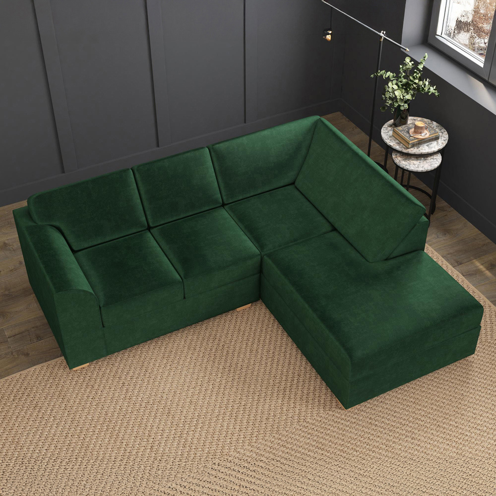 Modo 3 Seater Forest Green Plush Velvet Right Hand Fixed Back L-Shape Corner Sofa Image 7