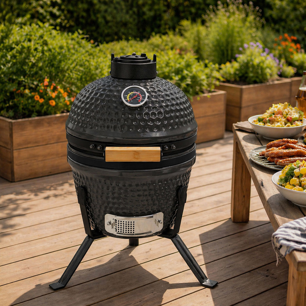 Neo Kamado Grey Portable Ceramic 13 inch Mini BBQ Grill Smoker with Stand Image 4