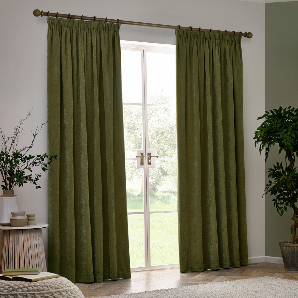 Yard Heavy Olive Chenille Velvet Pencil Pleat Curtains 229 x 229cm Image 6