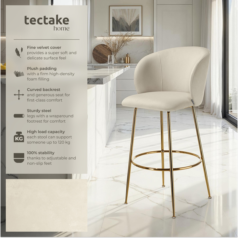tectake Luana Cream and Gold Velvet Look Padded Bar Stool Set of 4 Image 7